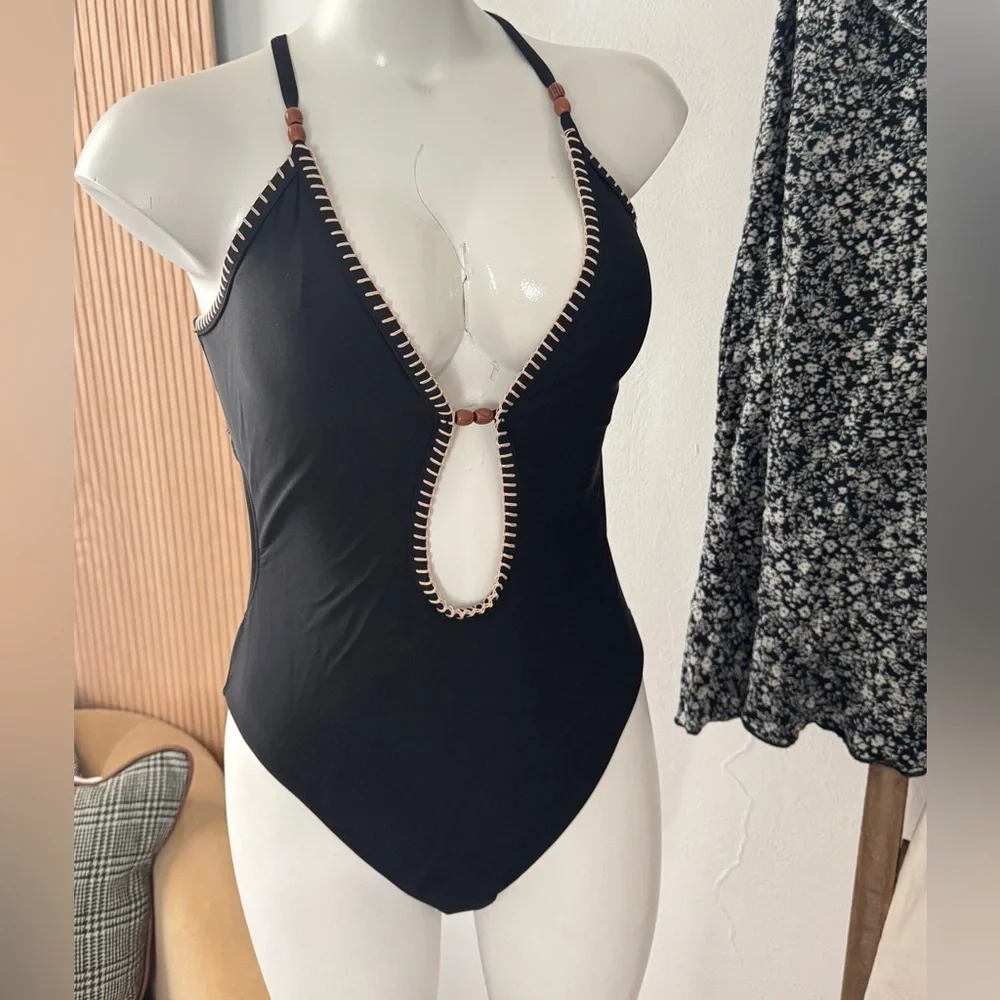 Women’s Black Plunge One-Piece Swimsuit with Decorative Trim Shade & Shore NWOT - Picture 7 of 8